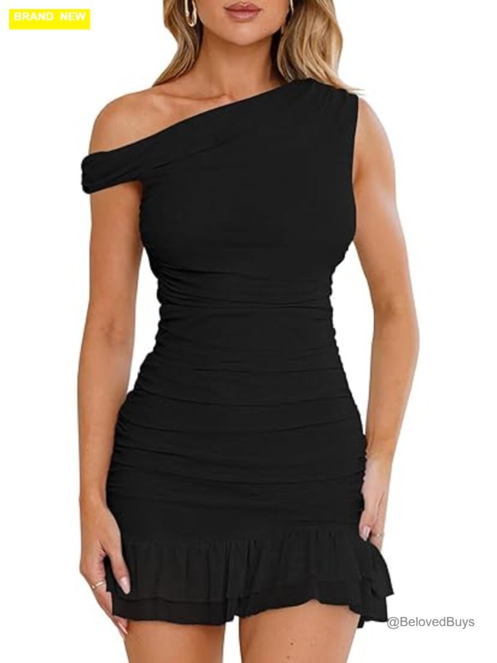 Off Shoulder Bodycon Mini Dress Ruched Ruffle Hem Club Party